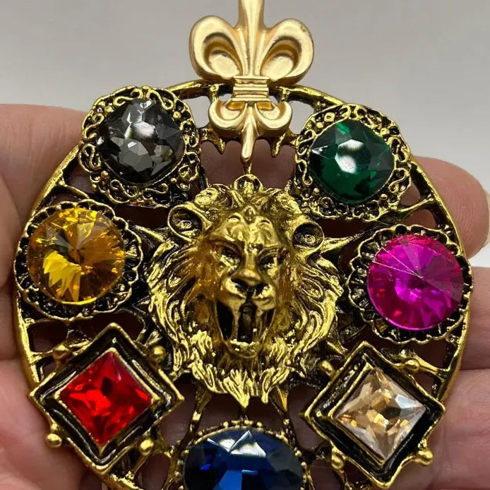 Colorful Rhinestone Lion Head Brooch Animal Jewelry for Men Women