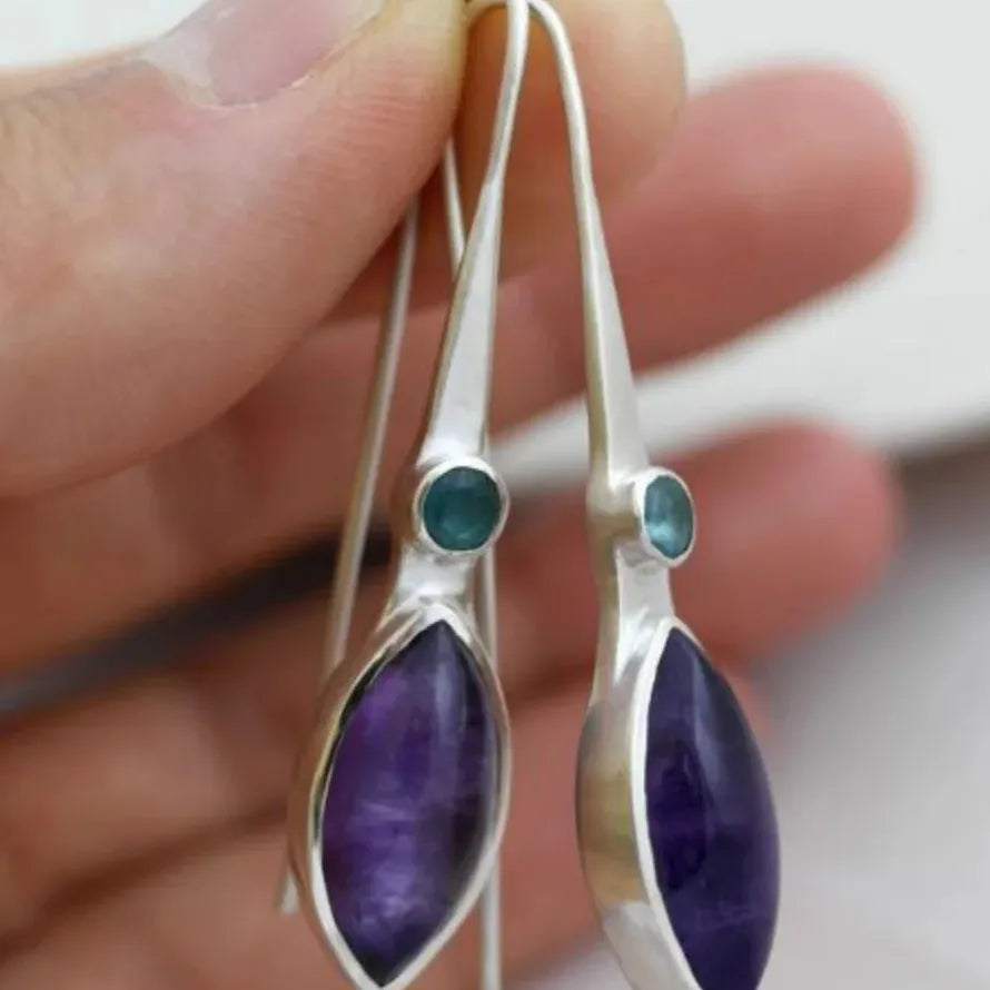Horse Eye Shape Purple Zircon Drop Earrings Zinc Alloy Silver Plated Jewelry Gift
