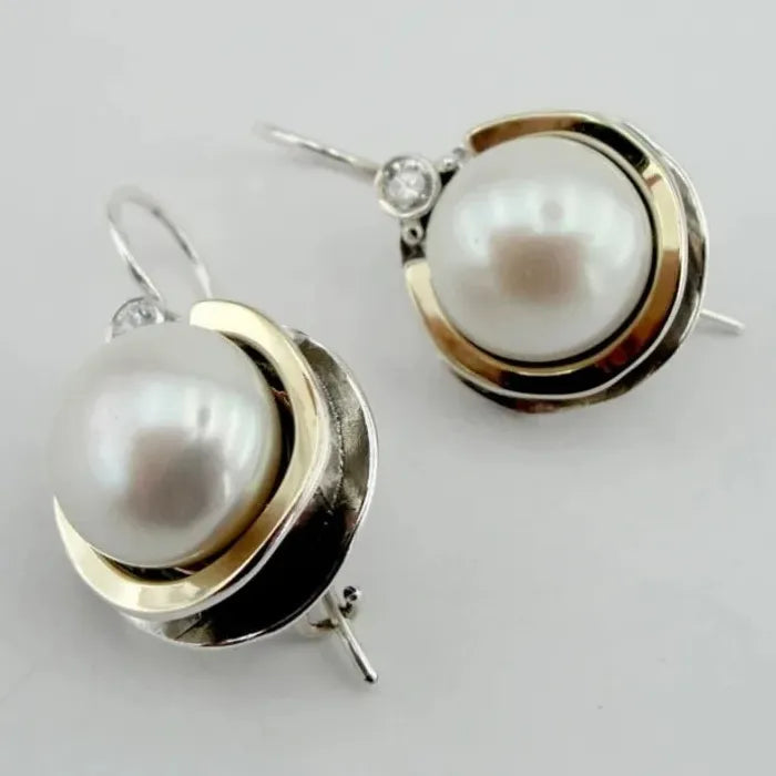 Vintage Two Tone Imitation Pearl Drop Earrings for Women Zinc Alloy Jewelry