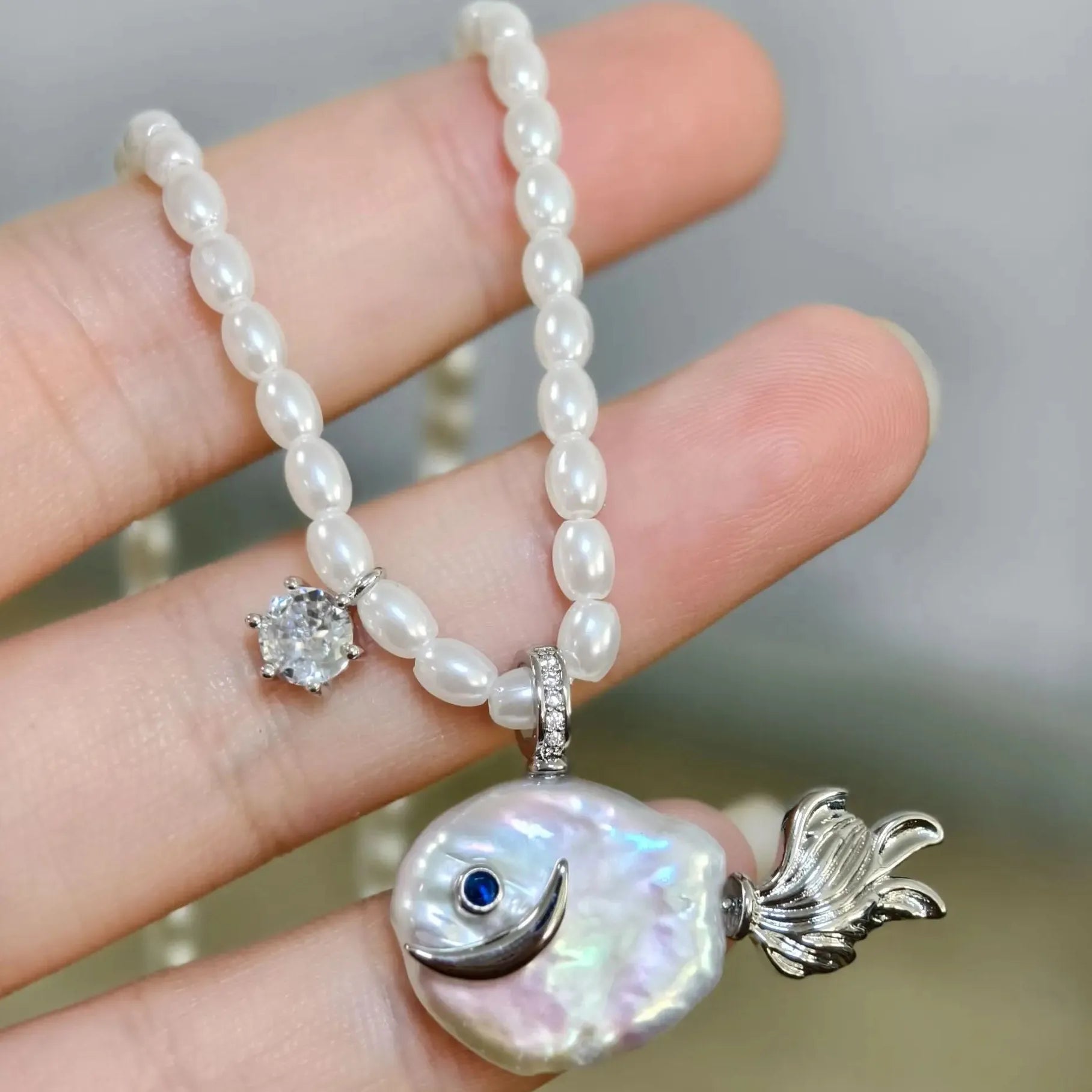 Geometric Irregular Freshwater Pearl Necklace Pink Fish Crab Pendant Choker Jewelry