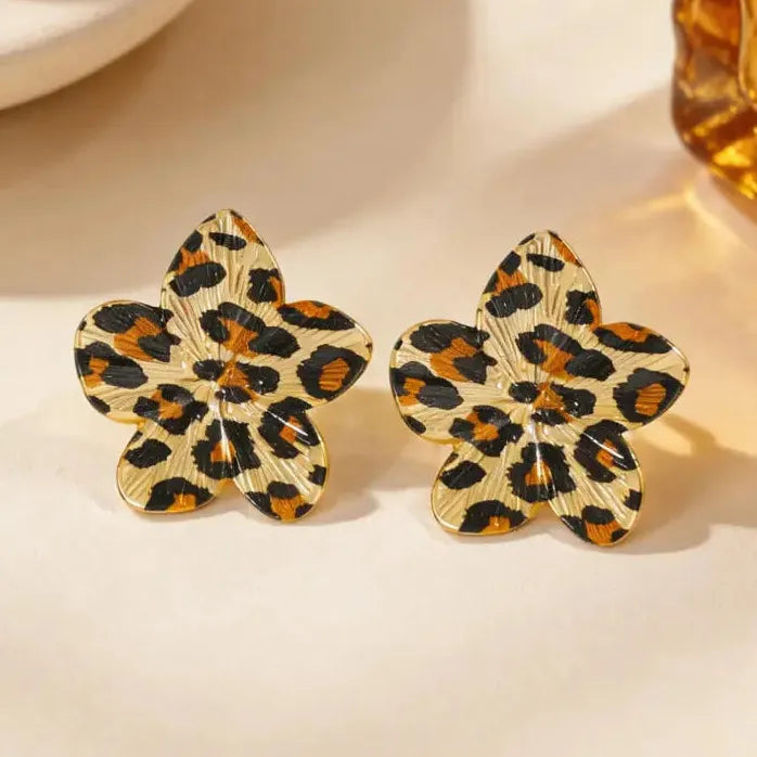 Vintage Leopard Print Geometric Flower Petal Drop Earrings for Women Jewelry
