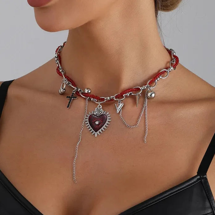 Zinc Alloy Red Beaded Heart Cross Rivet Pendant Necklace Gift
