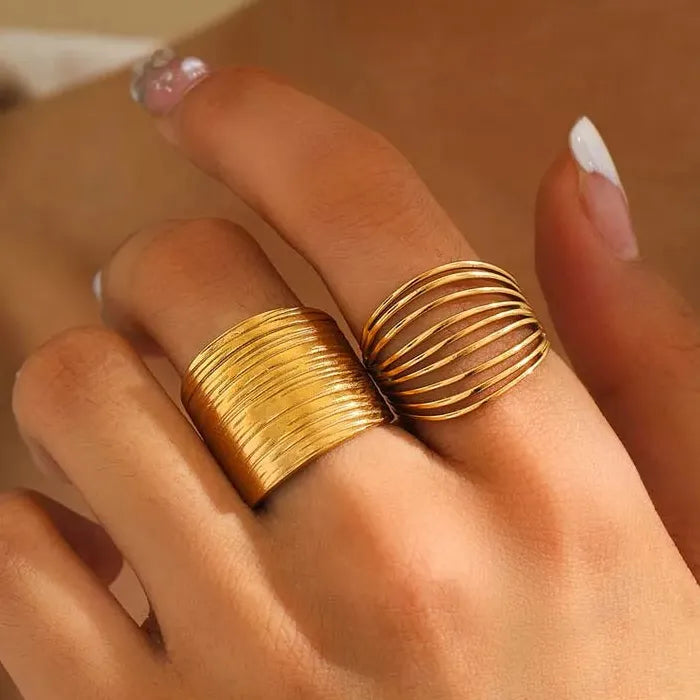 Adjustable Stainless Steel Hollow Geometric Open Ring for Women Gold Jewelry
