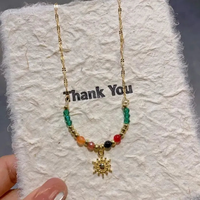 2026 Colored Bead Metal Chain Necklace Women Sun Moon Light Jewelry Gift