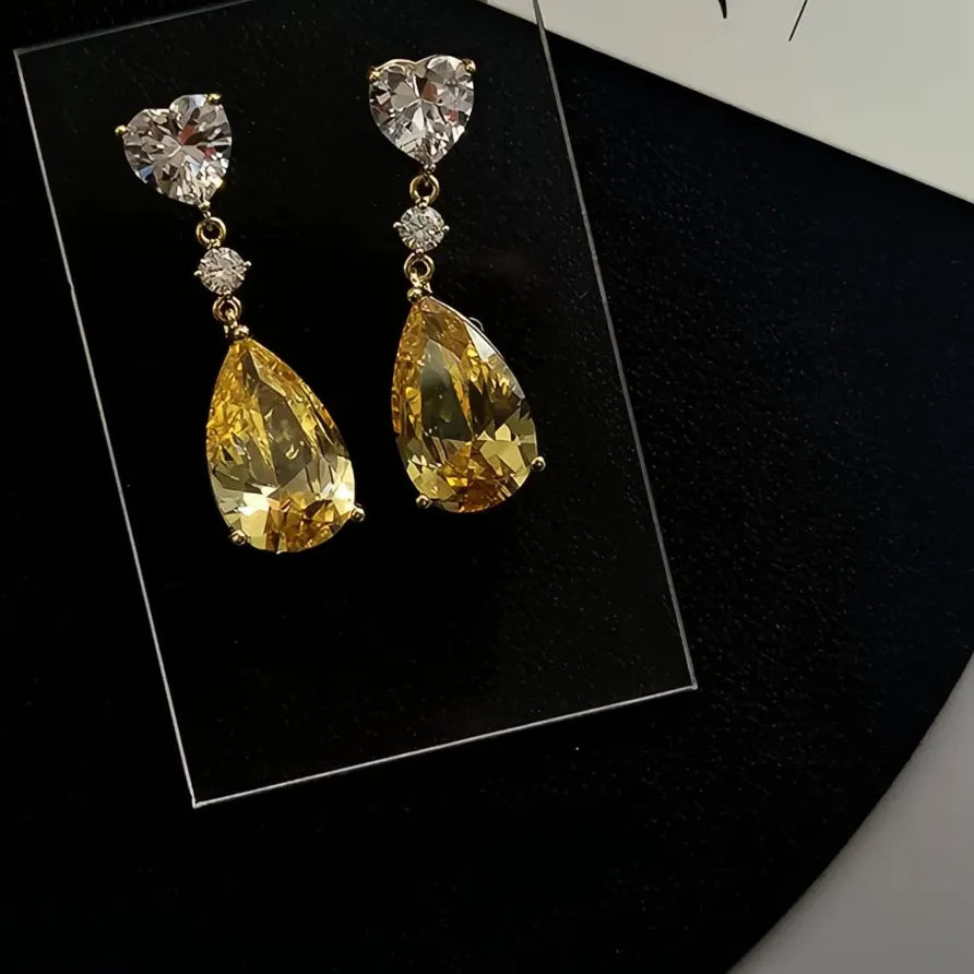 Yellow Pear Geometric Cubic Zirconia Drop Earrings Luxury Jewelry