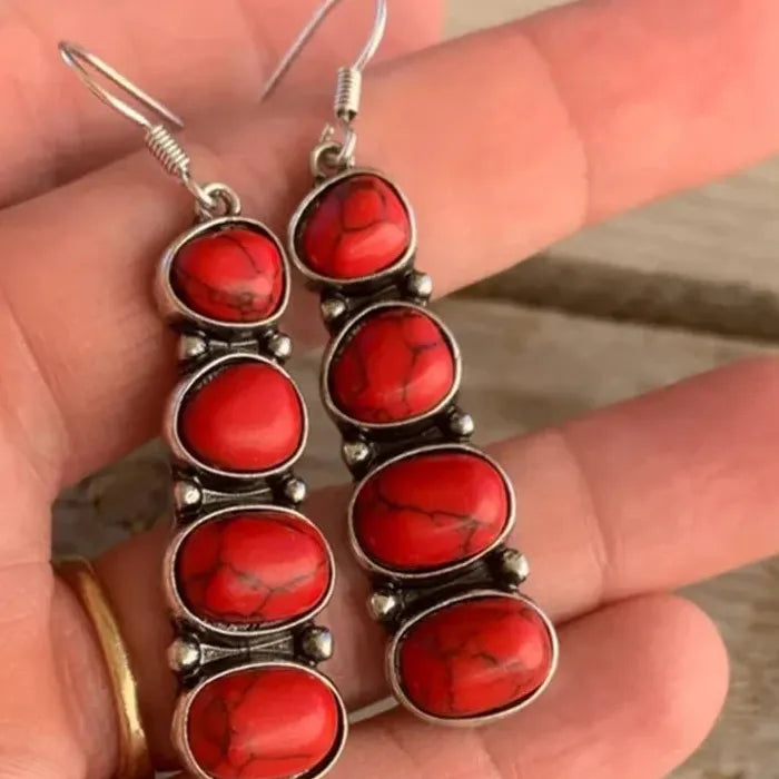 Bohemian Ethnic Oval Red Stone Drop Earrings for Women Zinc Alloy Silver Tone