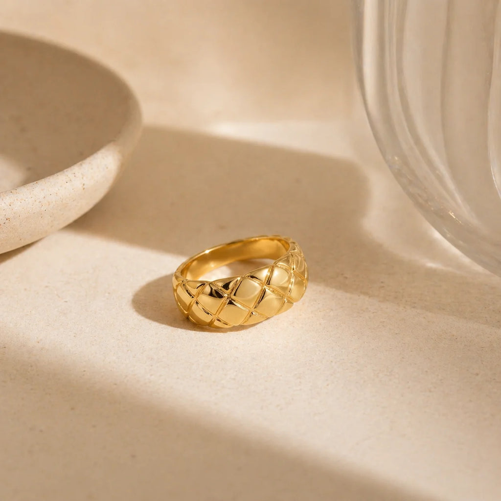 Gold Plated Quilted Dome Copper Ring Geometric Chunky Band for Women Gift