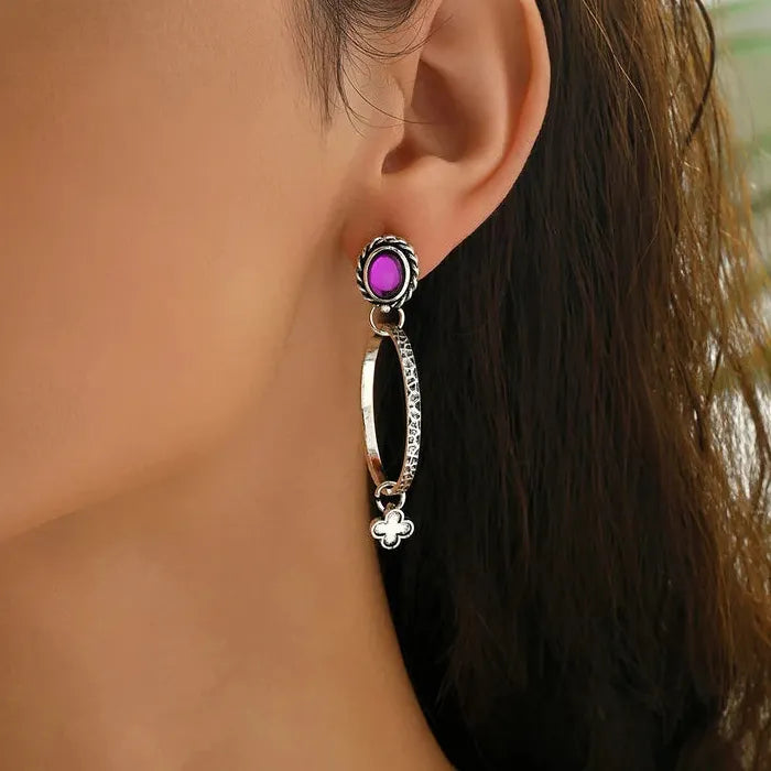 Retro Bohemian Purple Synthetic Stone Drop Earrings Zinc Alloy Women Jewelry