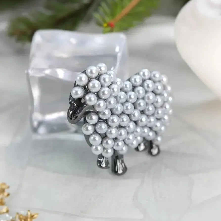 White Faux Pearl Sheep Lamb Goat Brooch Pin Elegant Gift for Women