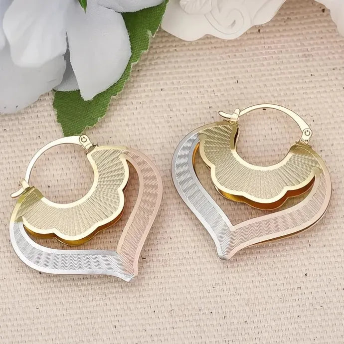 Heart Design Women’s Three Tone Hollow Out Drop Earrings Brass Jewelry