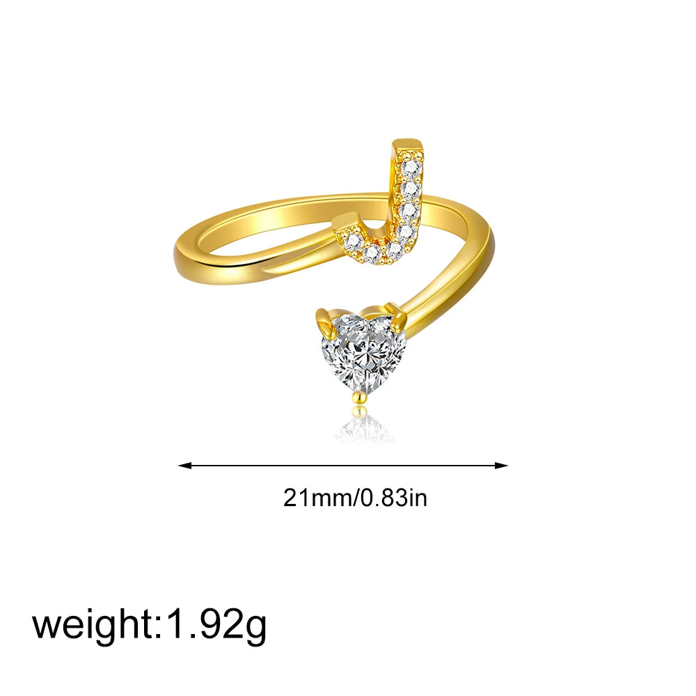 Polished Gold Plated Copper A-Z Letter Initial Ring with Zircon Heart Wedding Jewelry