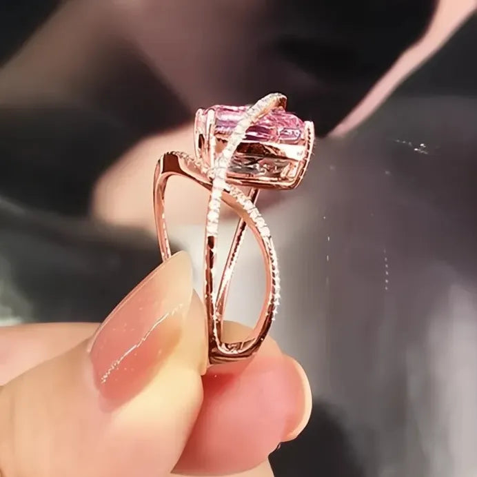 Trendy Pink Cubic Zirconia Brass Ring Romantic Engagement Gift for Women