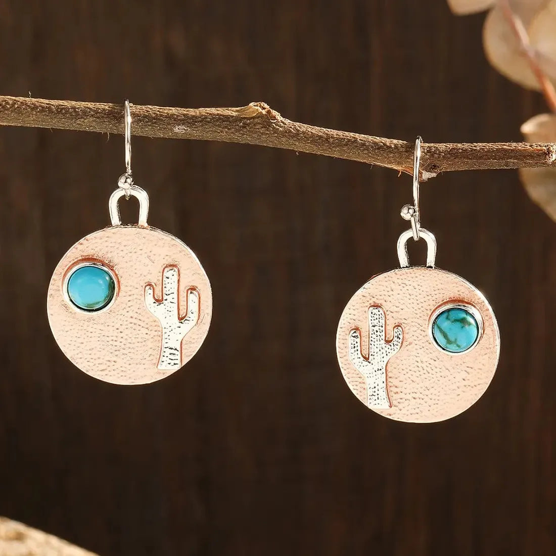 Vintage Silver Zinc Alloy Round Cactus Carved Drop Earrings for Women