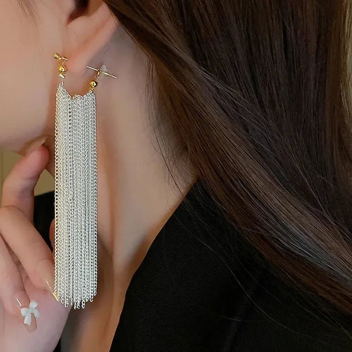 Elegant Light Luxury Long Tassel Copper Earrings Women Geometric Drop Design
