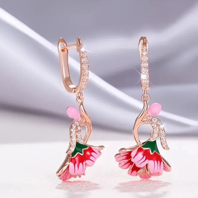 Handmade Pink Flower Geometric Dangle Earrings with Cubic Zirconia Gift