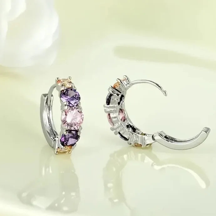 Purple Geometric Copper Alloy Cubic Zirconia Hoop Earrings for Women Party