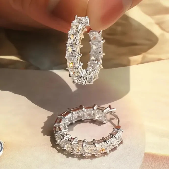 Women Geometric Hoop Earrings Brass CZ Jewelry Party Wedding Accessory