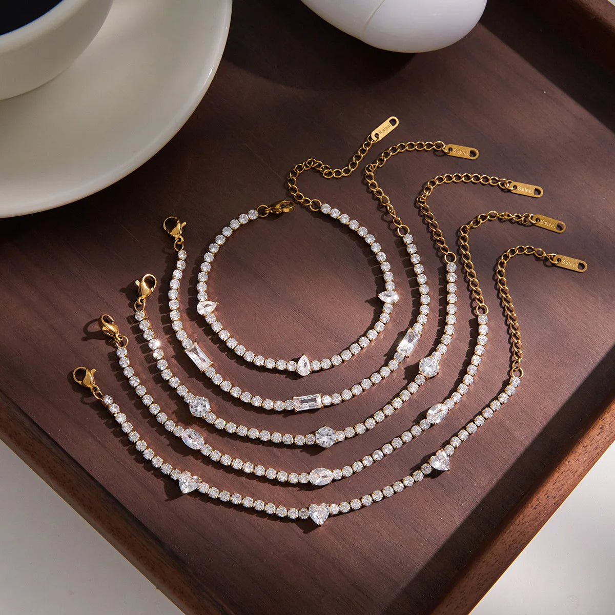18K Gold Plated Stainless Steel Tennis Chain Bracelet CZ Zircon Fashion Jewelry Gift