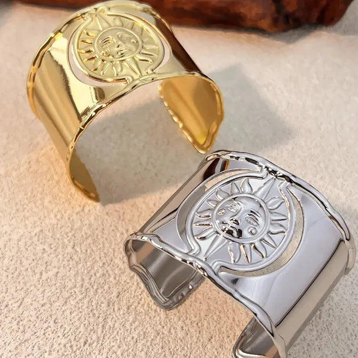 Gold Plated Stainless Steel Sun Pattern Wide Cuff Bracelet for Women