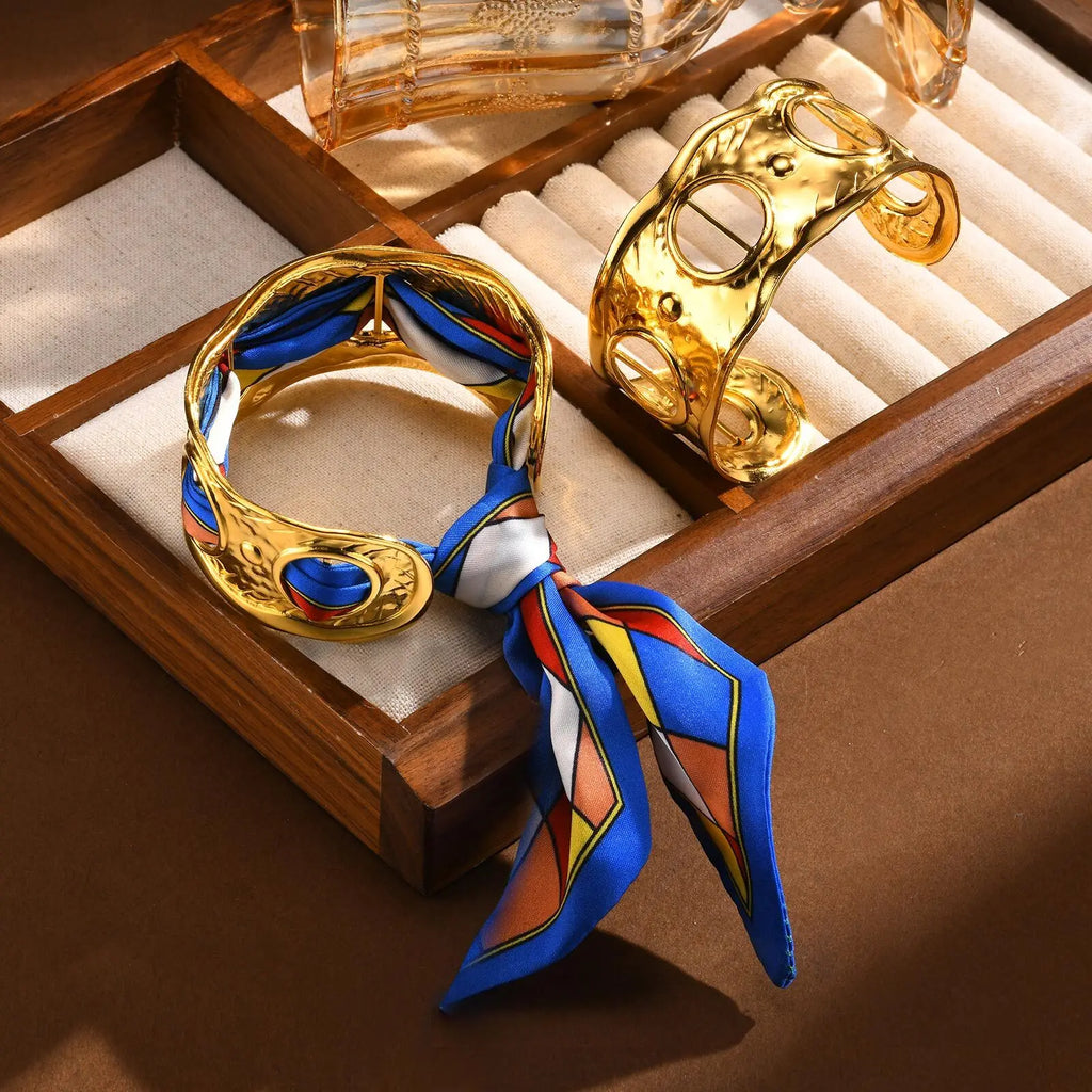 Gold Plated Stainless Steel Hollow Open Bangle Silk Scarf Bracelet Women