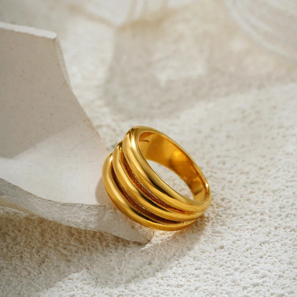 18K Gold Plated Stainless Steel Three Layer Circle Knuckle Ring for Women