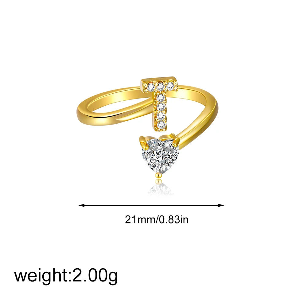 Polished Gold Plated Copper A-Z Letter Initial Ring with Zircon Heart Wedding Jewelry