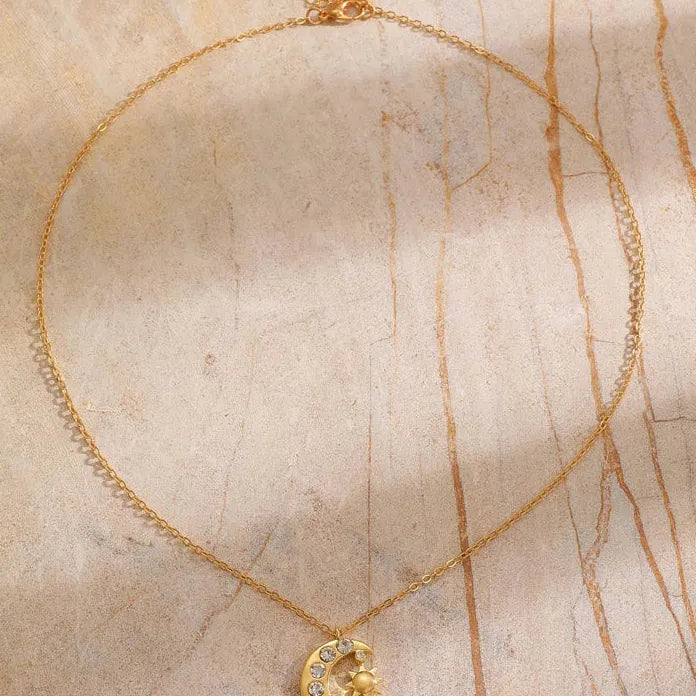 Zircon Moon Sun Pendant Necklace Copper Chain Vintage Gift 2026