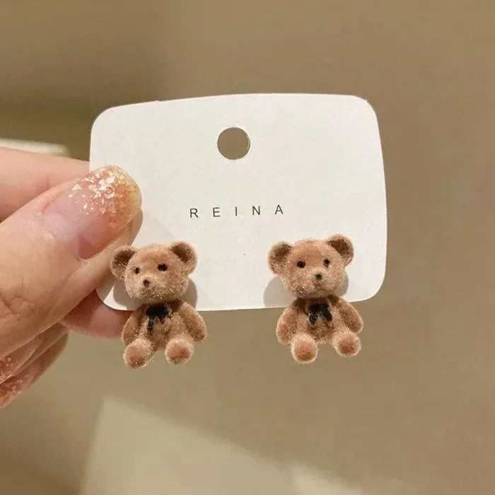 Flocking Plush Pearl Bear Stud Earrings Zinc Alloy Animal Jewelry for Women