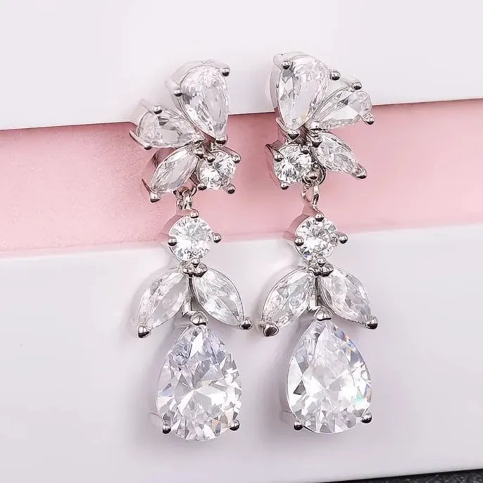 Geometric White Cubic Zirconia Drop Earrings for Women Bridal Wedding Copper Alloy