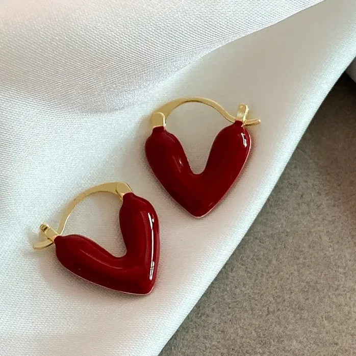 French Romantic Wine Red Enamel Heart Pendant Earrings Copper Alloy Jewelry for Women