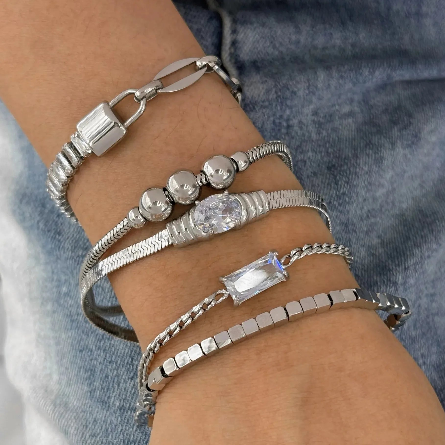 18K Gold Plated Stainless Steel Flat Snake Chain CZ Bracelet for Women Stylish