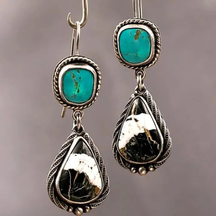 Women’s Blue Resin Inlaid Retro Handmade Metal Pendant Drop Earrings