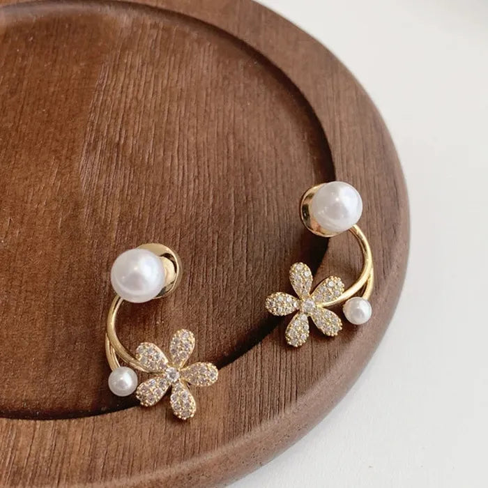 Pearl Rhinestone Flower Drop Earrings Zinc Alloy Crystal Jewelry Light Luxury