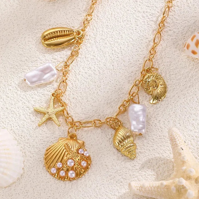 Bohemian Starfish Conch Pearl Necklace with Zinc Alloy Shell Pendant