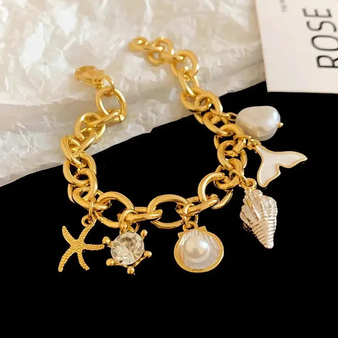 Drop Oil Fish Tail Conch Pearl Copper Alloy Chain Bracelet for Men & Women