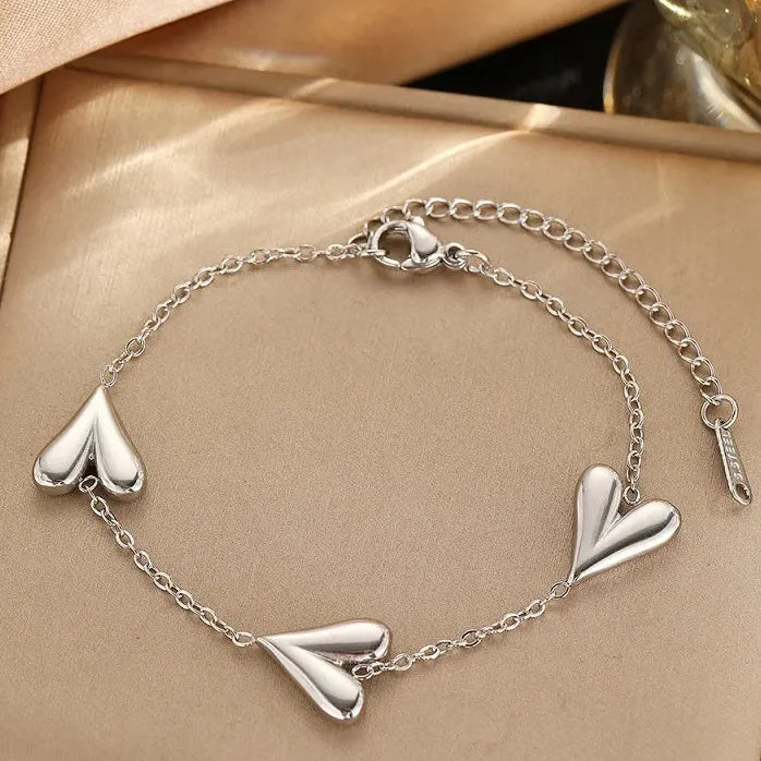 Stainless Steel Gold Heart Pendant Bracelet Women Metal Beaded Bangle Jewelry