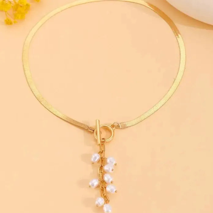 Stainless Steel Snake Bone Necklace Long Tassel Pearl Jewelry Gift