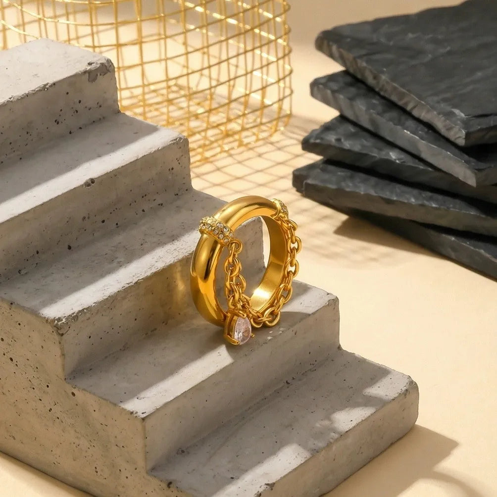 18K Gold Plated Stainless Steel CZ Chain Link Ring Women Waterproof Retro Jewelry