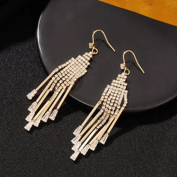 Luxury Copper Zircon Geometric Tassel Drop Earrings for Women Stylish Gift