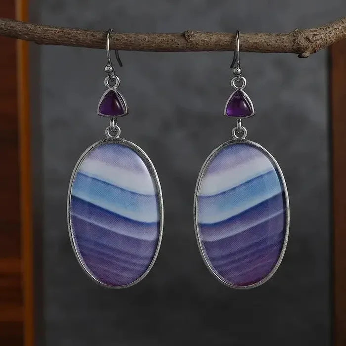 Boho Ethnic Oval Purple Synthetic Gem Zinc Alloy Dangle Earrings for Women