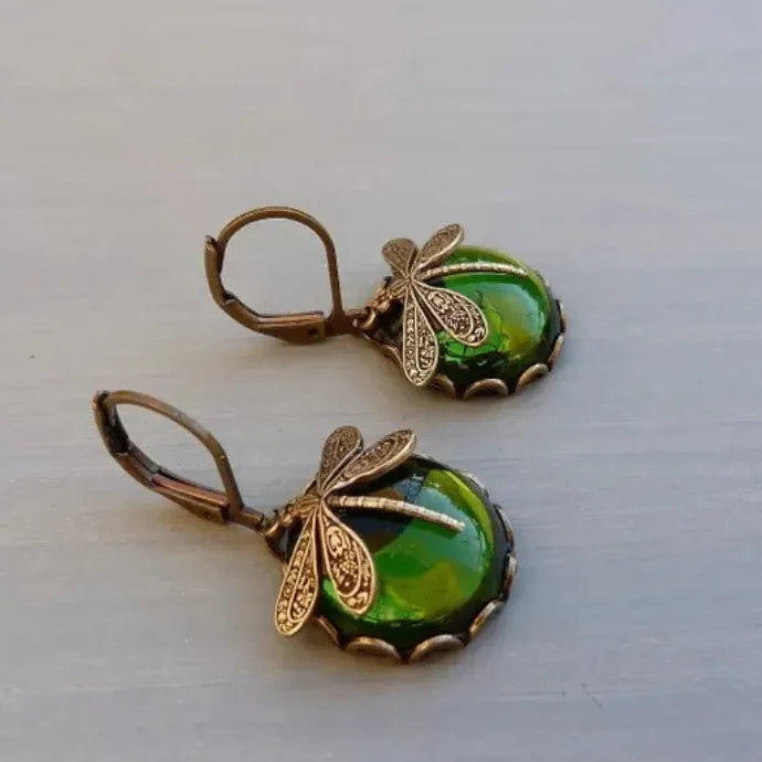 Vintage Bronze Dragonfly Drop Earrings with Moonstone Inlaid Zinc Alloy Jewelry for Women