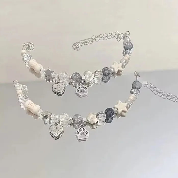 Adjustable Heart Star Cat Paw Bone Beaded Charm Bracelet for Women Gift