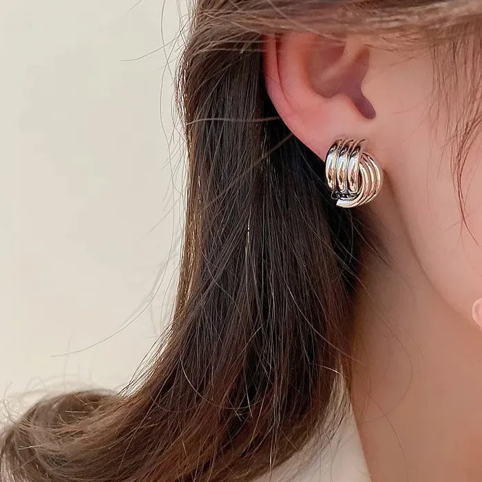 Vintage Glossy Three-Layer Textured Knot Zinc Alloy Stud Earrings for Women