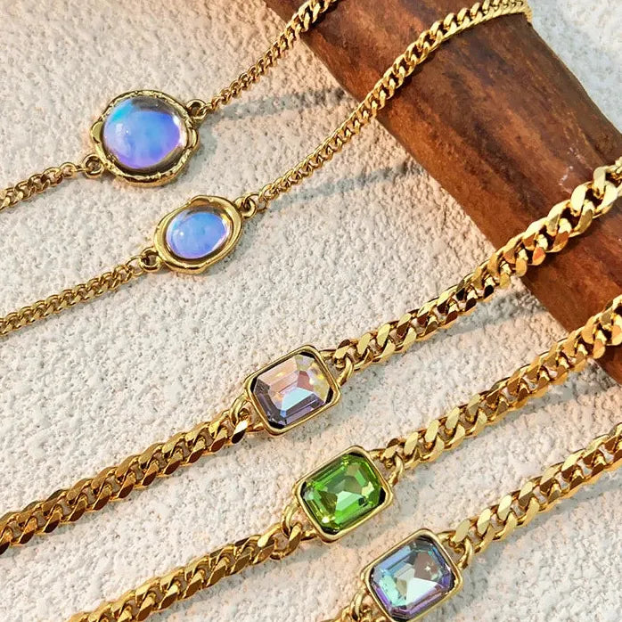 Punk Green Square CZ Zircon Thick Chain Bracelet Women Stainless Steel Durable Waterproof