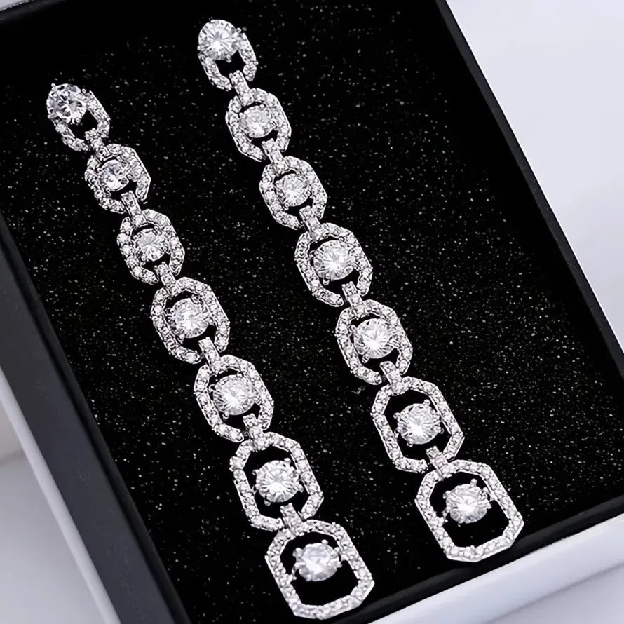 Silver Color Long Geometric Drop Earrings Copper Alloy CZ Wedding Fashion 2022