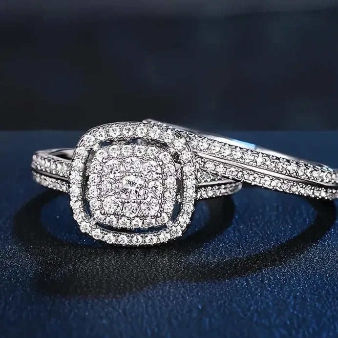 Elegant Classic Silver Brass Wedding Rings Set with Cubic Zirconia for Women