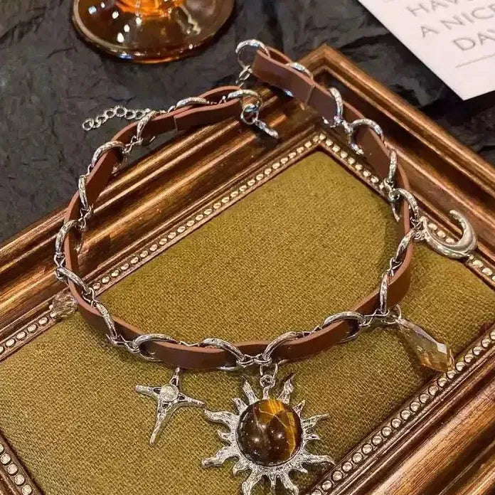 Retro Y2K Brown Opal Sun Geometric Circle Pendant Necklace Men Women Hip Hop Grunge Jewelry