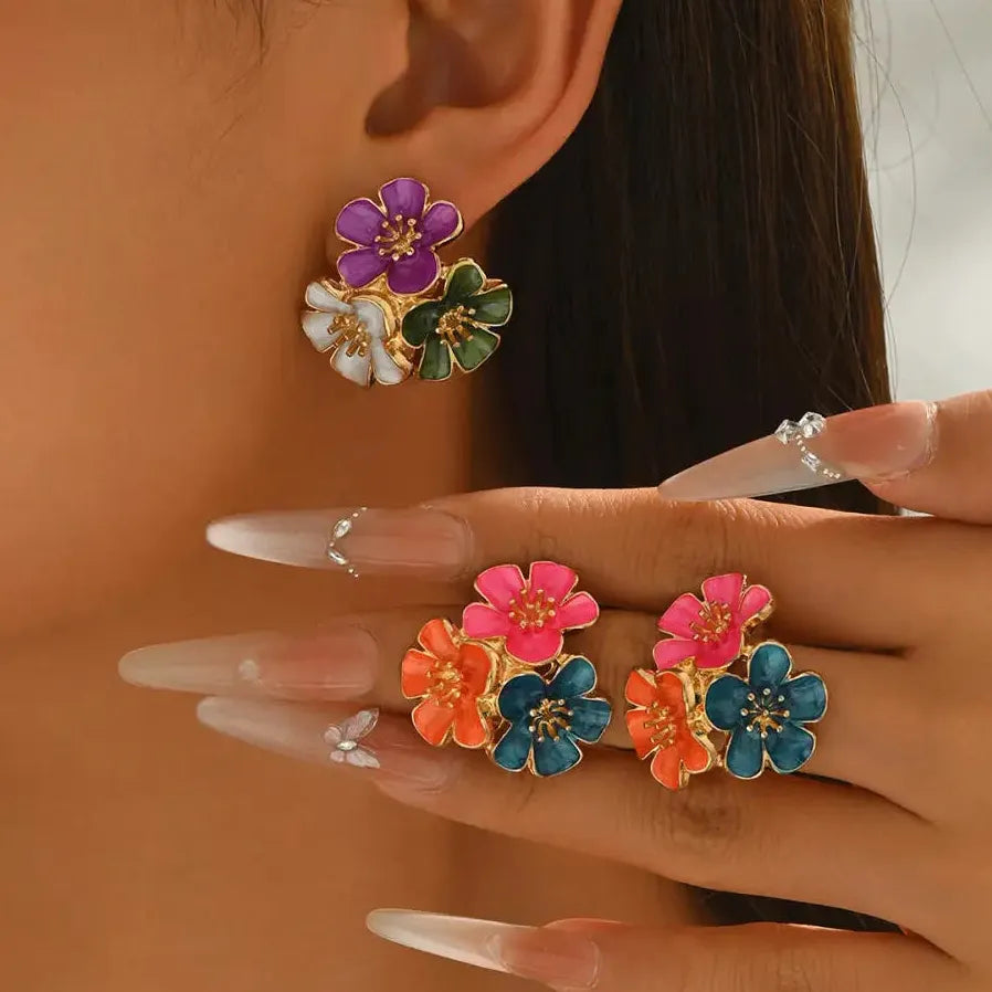 Vintage Metal Drip Oil Five Petal Flower Stud Earrings for Women Gift