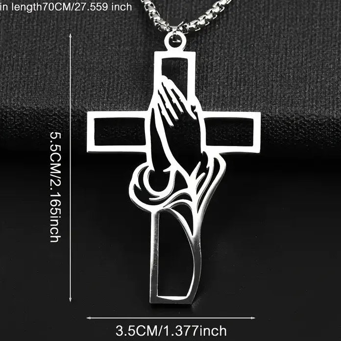 Stainless Steel Cross Pendant Necklace Men Hiphop Punk Pray Hands Gift