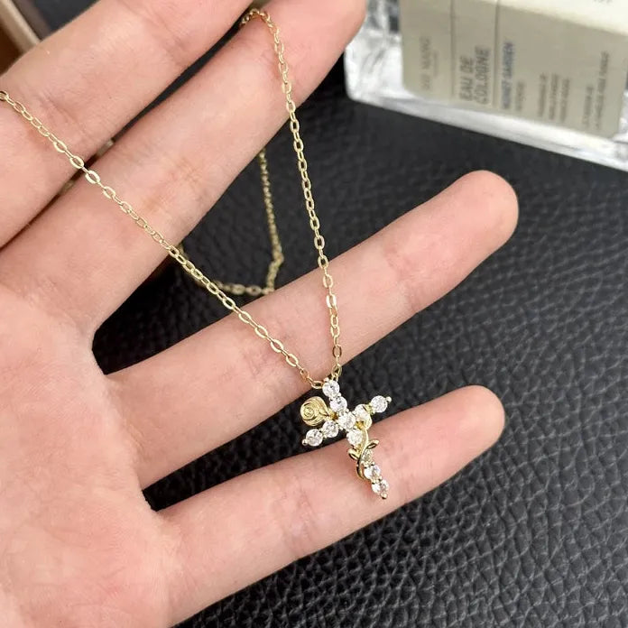 Zircon Cross Pendant Necklace for Women Gold Rose Trendy Fashion Jewelry